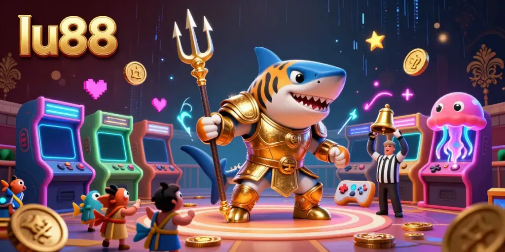 Engage with LU88's immersive gaming experience featuring a fierce tiger shark amidst vibrant gaming elements.