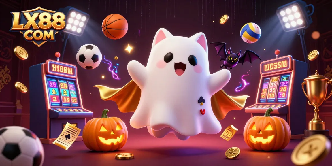 Engage with LX88 COM's vibrant gaming scene featuring a friendly ghost cat and vampire bat in a haunted casino.