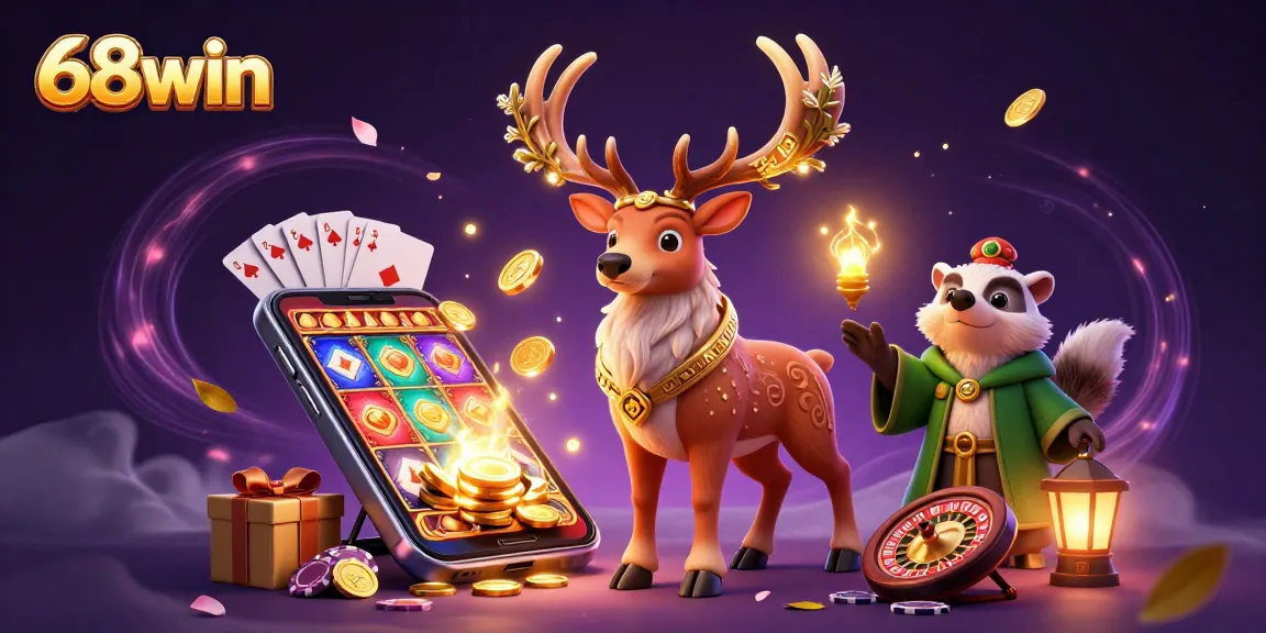 Engage with 68win's enchanting gaming universe featuring a dazzling druid stag and mystical casino elements.