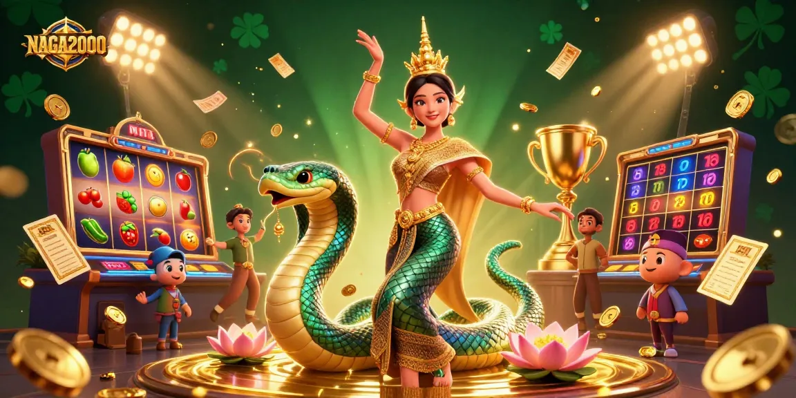 NAGA2000 terhubung dengan slot online yang menarik, menampilkan karakter 3D yang cerah di tengah elemen bertema kasino.