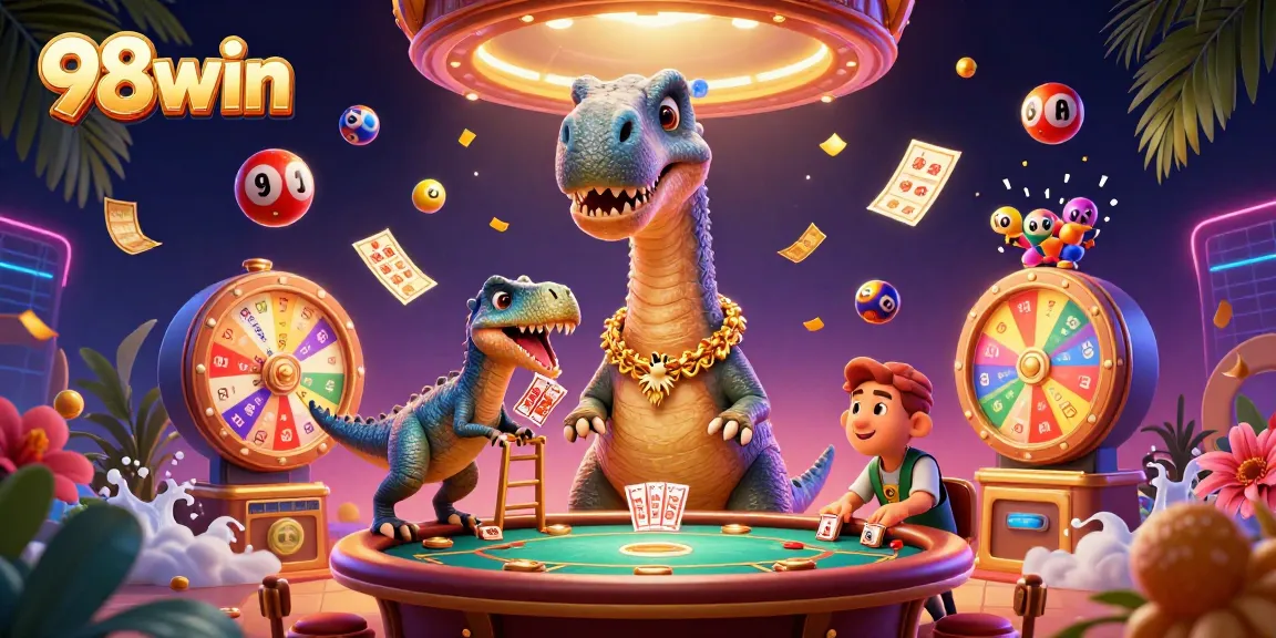 Engage in thrilling 98win adventures with a whimsical casino scene featuring giant characters and vibrant games.