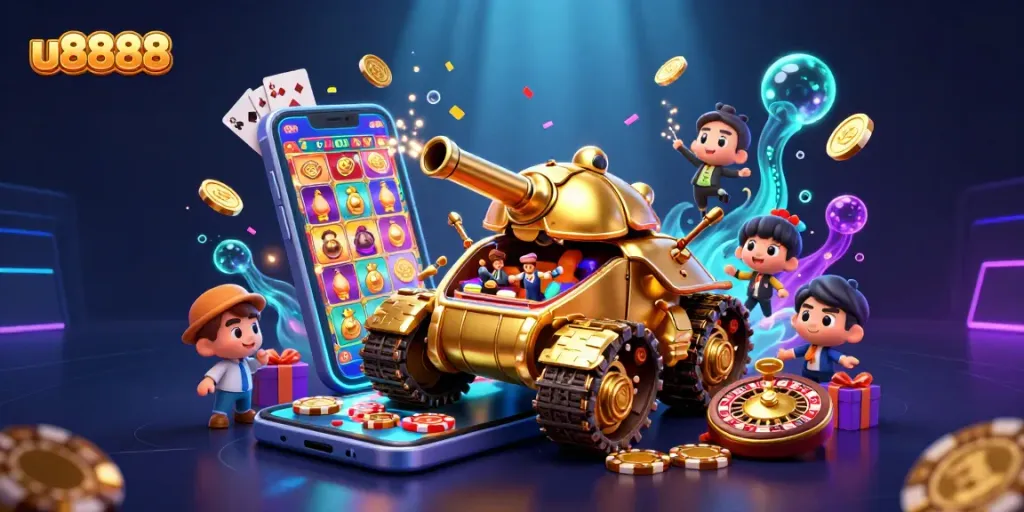 Experience the excitement of u8888 with a vibrant casino scene featuring dynamic slot games and golden treasures.