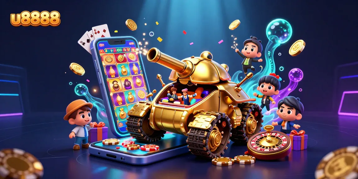 Experience the excitement of u8888 with a vibrant casino scene featuring dynamic slot games and golden treasures.