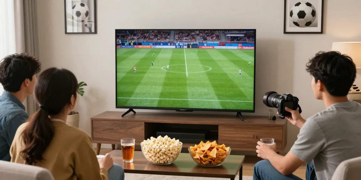 Friends enjoying a live football match on Gavangtv at home with snacks and drinks.