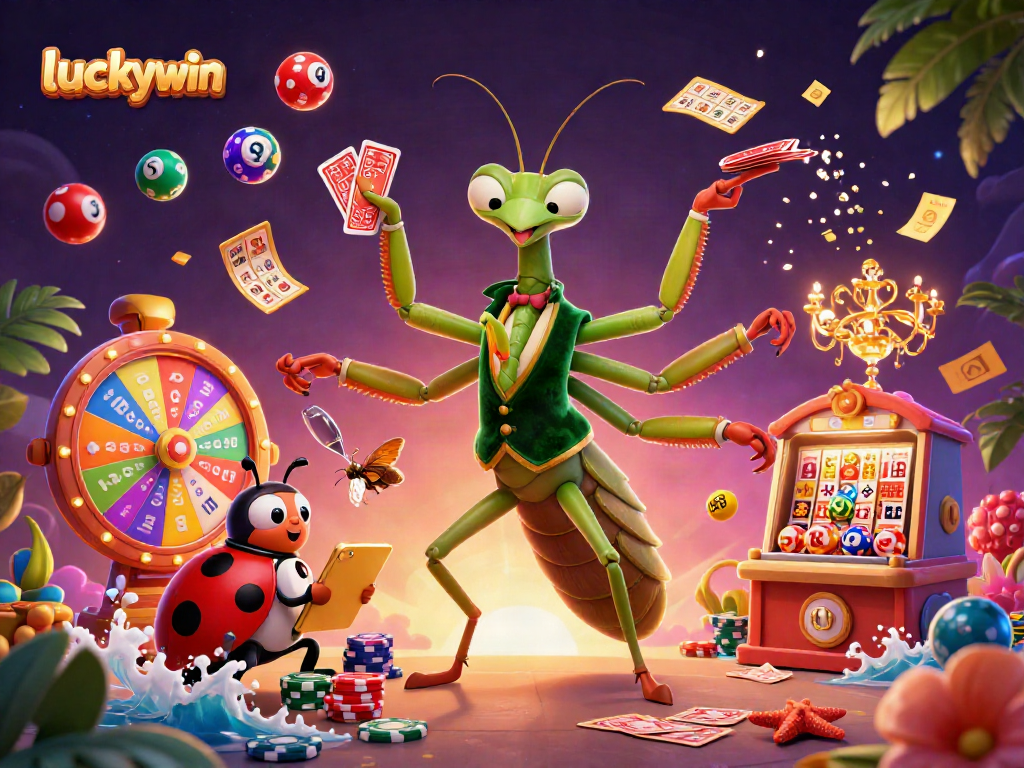 Experience luckywin's exciting lottery atmosphere with colorful balls and whimsical characters.