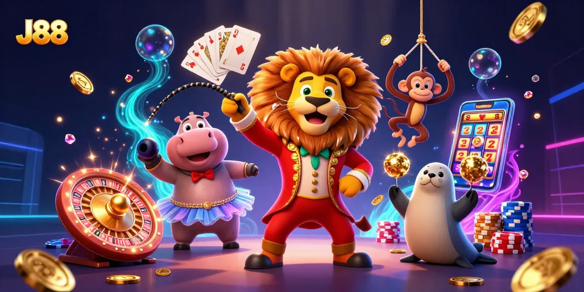 J88 showcases dynamic gaming excitement with colorful characters and casino elements in a vibrant scene.