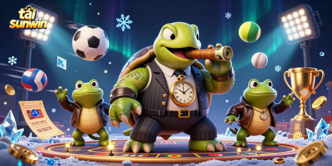 Engage in thrilling gameplay with tải sunwin featuring a cartoon turtle mobster surrounded by sports elements.