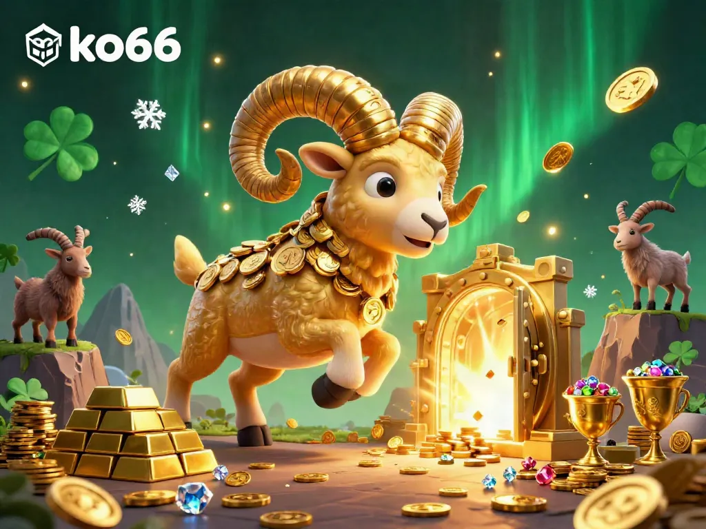 Experience the excitement of ko66 with a golden ram charging through casino riches and treasures, captivating the online gambling scene.