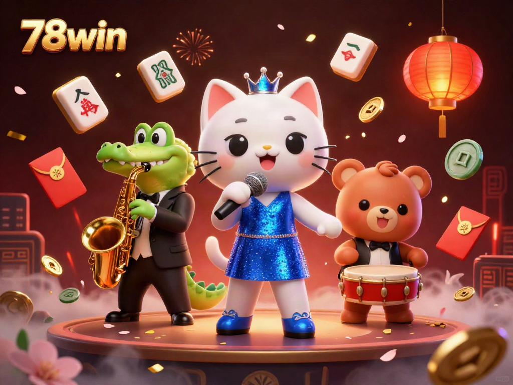 Engage in thrilling action at 78win with vibrant 3D casino characters and festive game elements.
