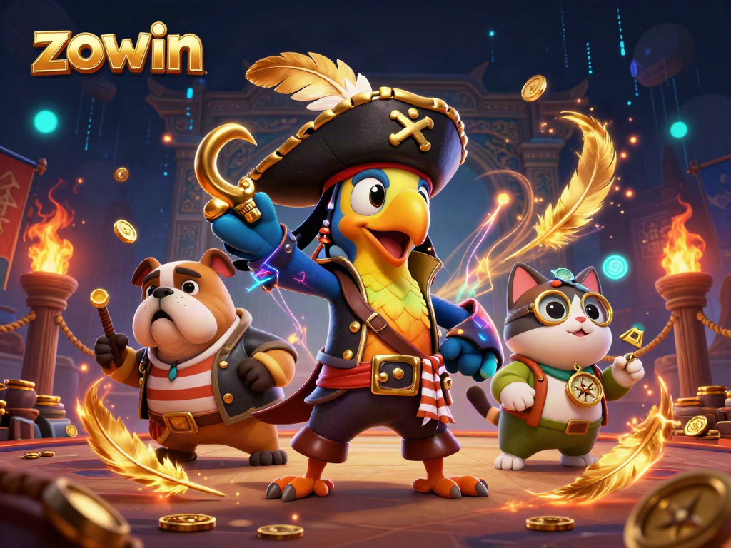 Explore the thrilling gaming adventure at Zowin with animated characters in an engaging casino scene.