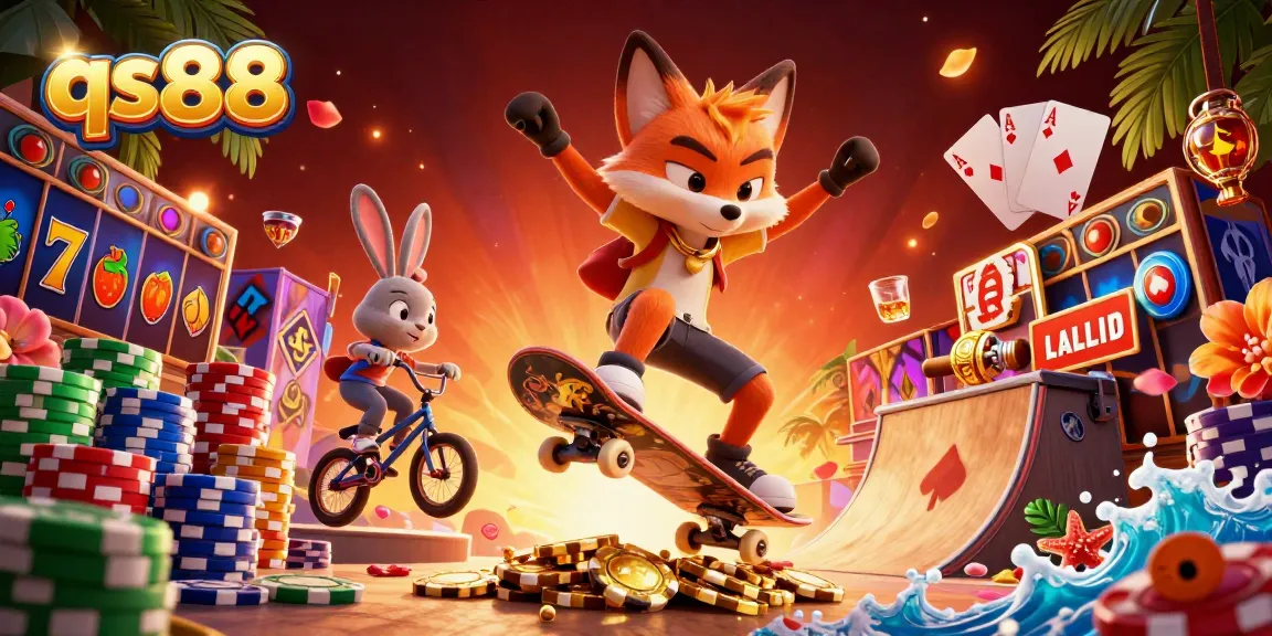 Engage with qs88 through a vibrant 3D scene showcasing dynamic casino action and lively characters.