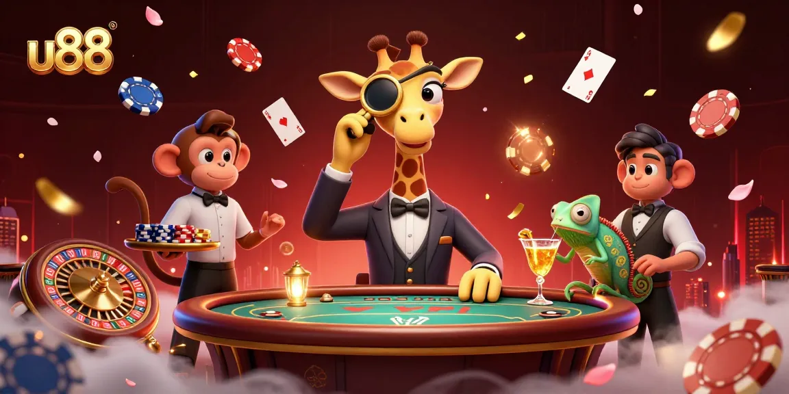 u88 showcases a vibrant 3D illustration of a high-roller giraffe at a poker table, immersed in a dynamic casino scene.