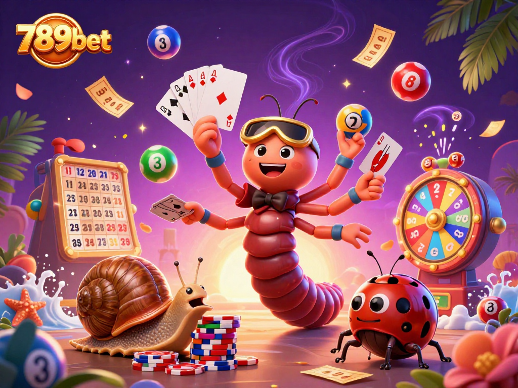 Engage with the lively 789bet scene featuring a dynamic cartoon millipede dealer spreading excitement at the casino.