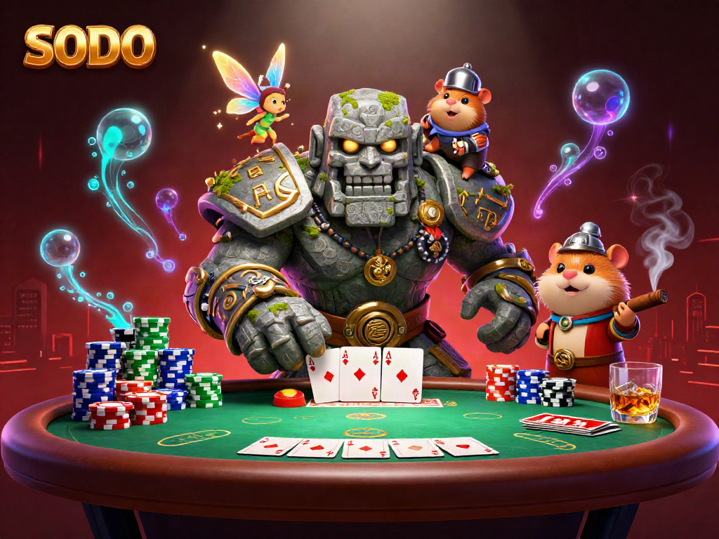 SODO engages players with poker excitement, showcasing a dynamic scene of magical characters and casino elements.