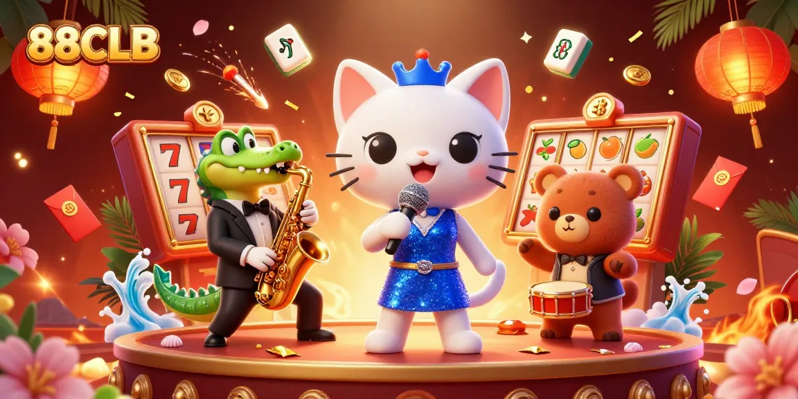 Engage in the vibrant 88CLB casino experience with a jazz-singer cat, cool characters, and exciting game elements.