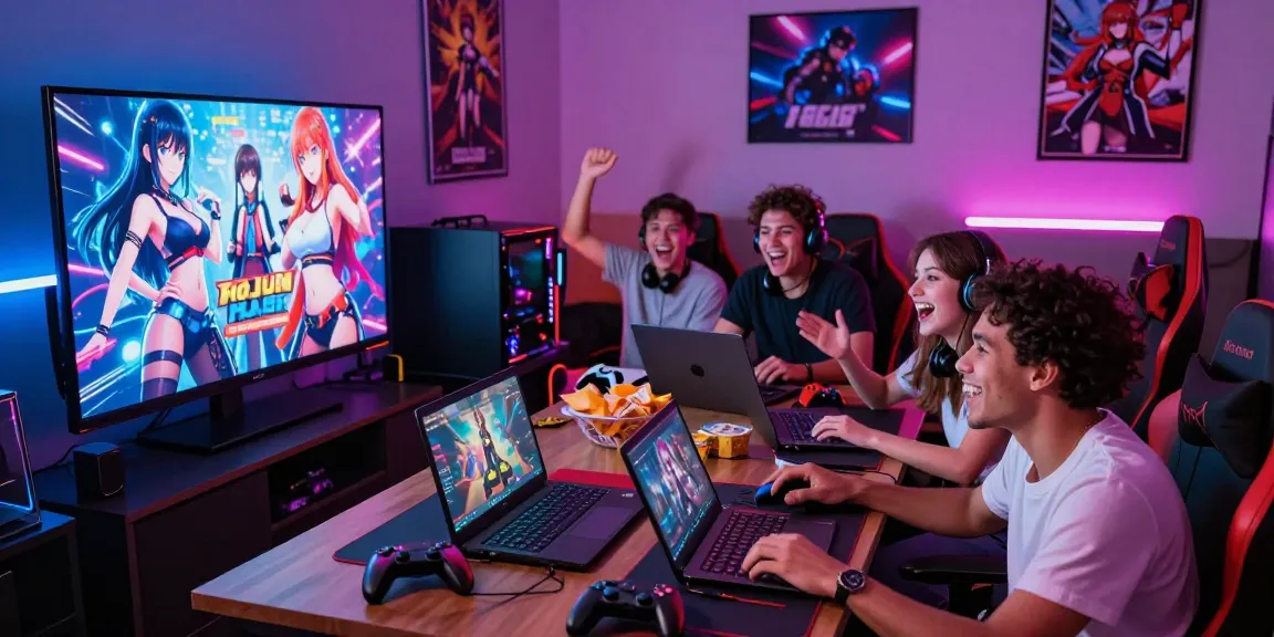 Group of young adults engaged in playing hentai games in a lively gaming room.