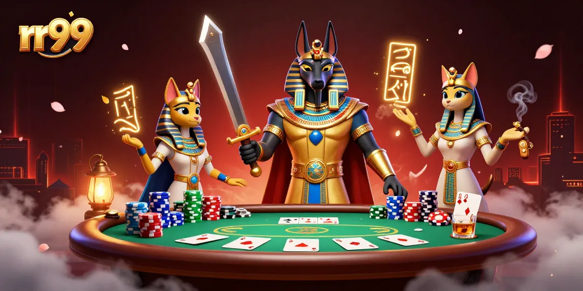 Experience thrilling action at rr99 with Anubis and Bastet amidst poker chips and cards.