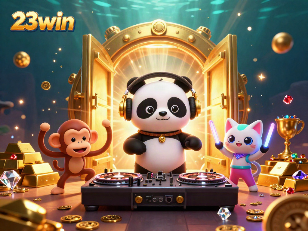Experience the excitement of 23win with a vibrant casino scene featuring unique 3D characters and treasures.