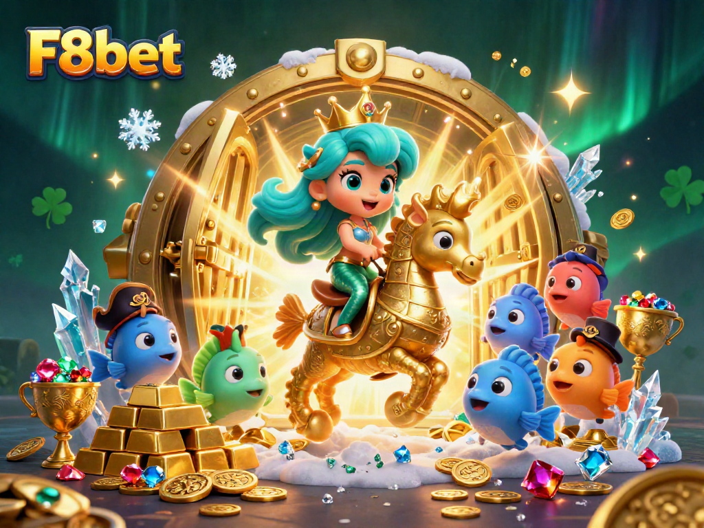 F8bet showcases a colorful casino adventure with a mermaid, seahorse, and treasure, inviting players to explore winnings.