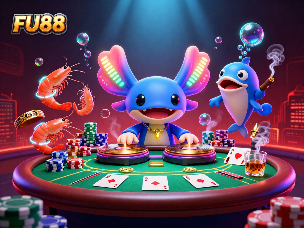Experience thrilling gaming at FU88 with vibrant neon characters and dynamic poker elements.