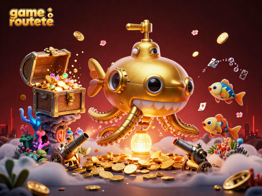 Experience game roulette with a whimsical golden kraken submarine surrounded by treasures and floating cards.