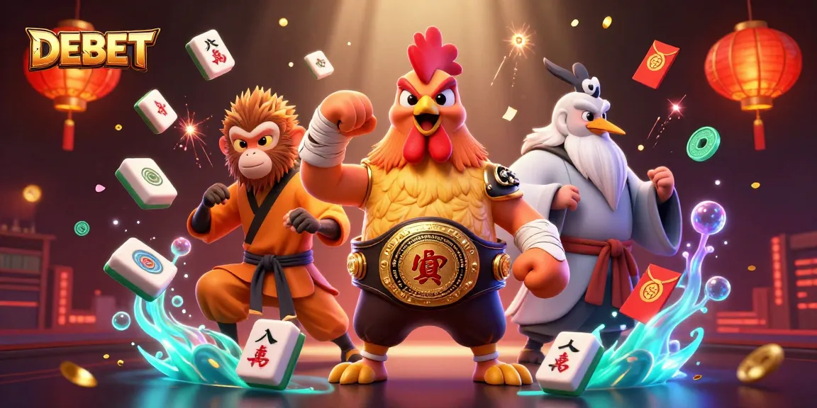 Experience DEBET with an immersive scene of rooster and martial artist amid vibrant casino elements.