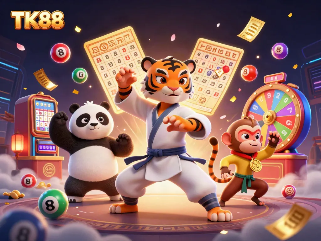 Experience the excitement of TK88 with colorful lottery elements and playful characters in a vibrant casino scene.