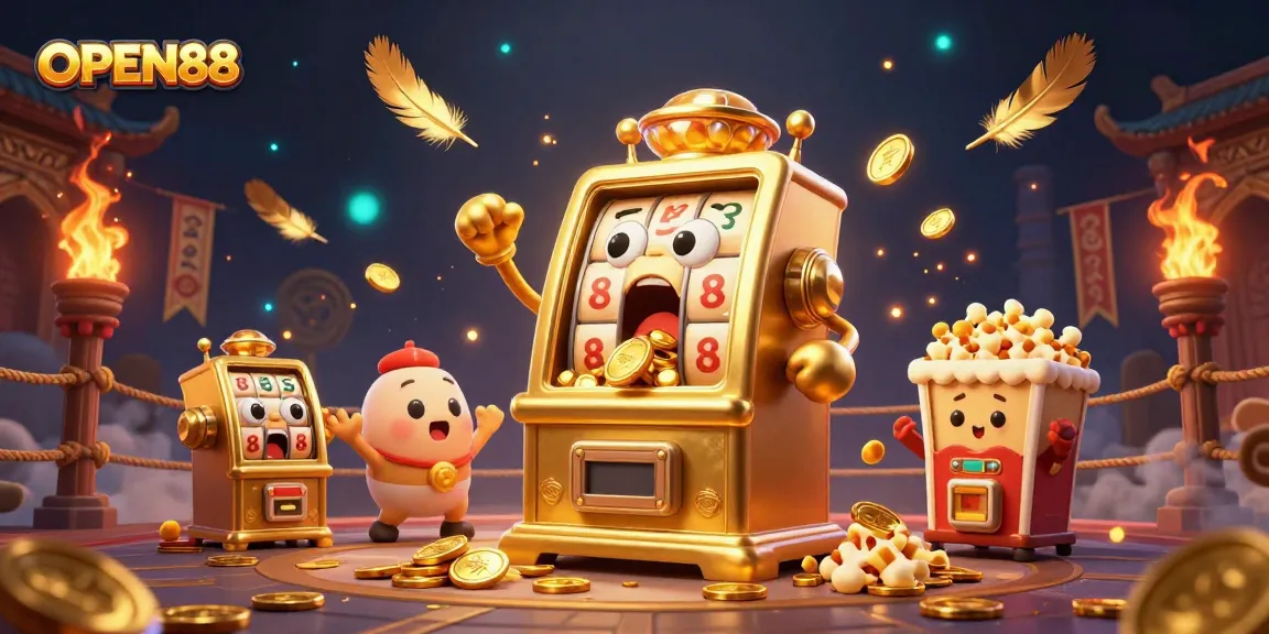 OPEN88 slot machine hits jackpot, showering coins in a vibrant 3D casino scene.