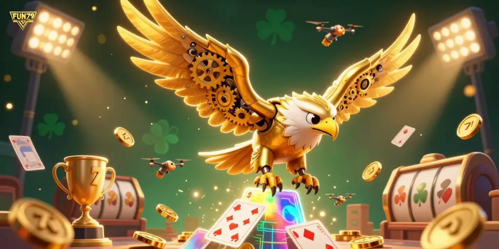 Experience the excitement of FUN79 with slots and holographic gameplay elements in an immersive scene.