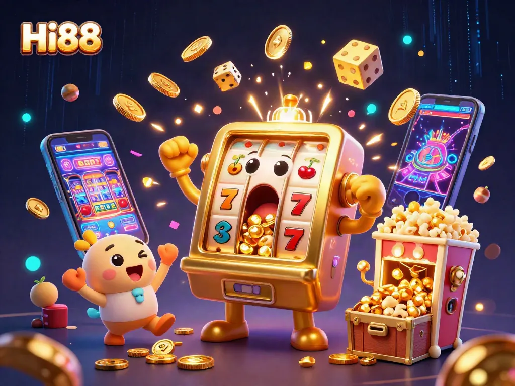 Hi88 slot machine celebrates a jackpot, showering players with coins amidst a vibrant casino scene.