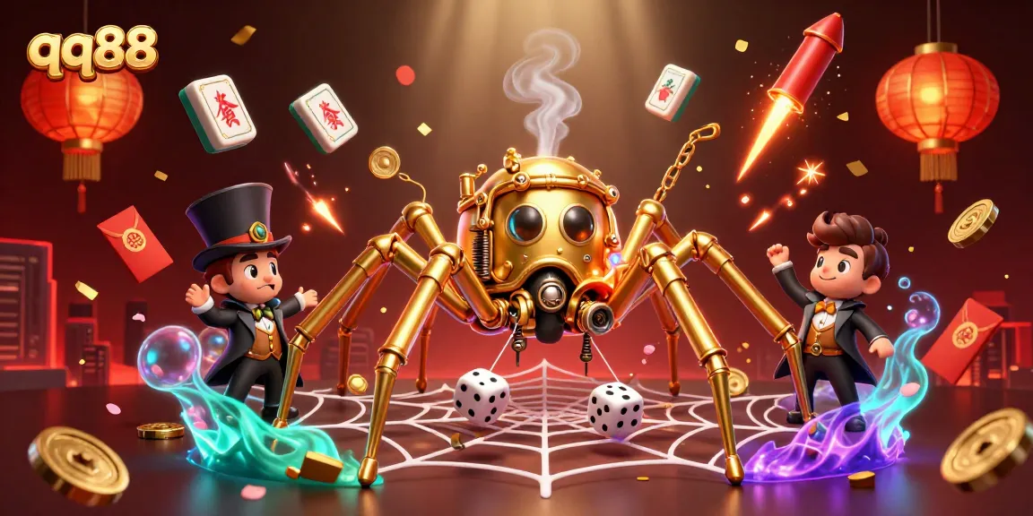 Catch thrilling moments at qq88 with a cartoon scene featuring a golden spider and dice, showcasing exciting gaming elements.