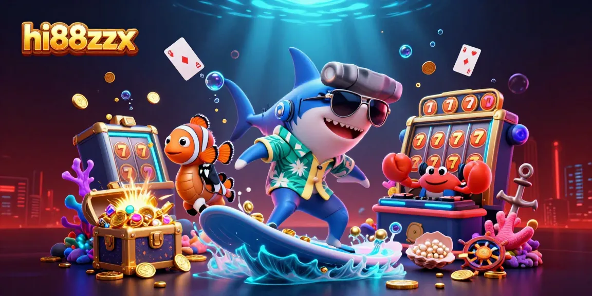 Surf with hi88zzx as a shark rides gold coins, surrounded by casino-themed underwater fun.