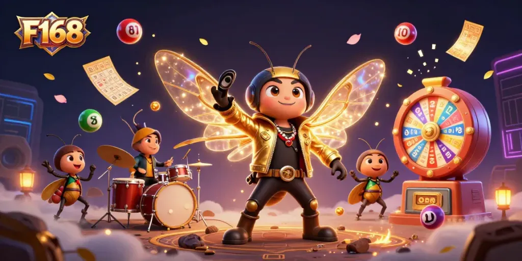 Experience the F168 excitement with a vibrant casino-themed scene featuring animated characters.