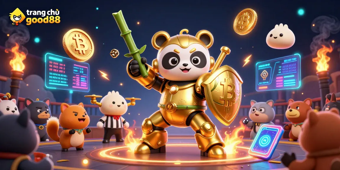 Engage in excitement with the trang chủ good88 scene, featuring a golden panda in a mech-suit surrounded by vibrant gambling elements.