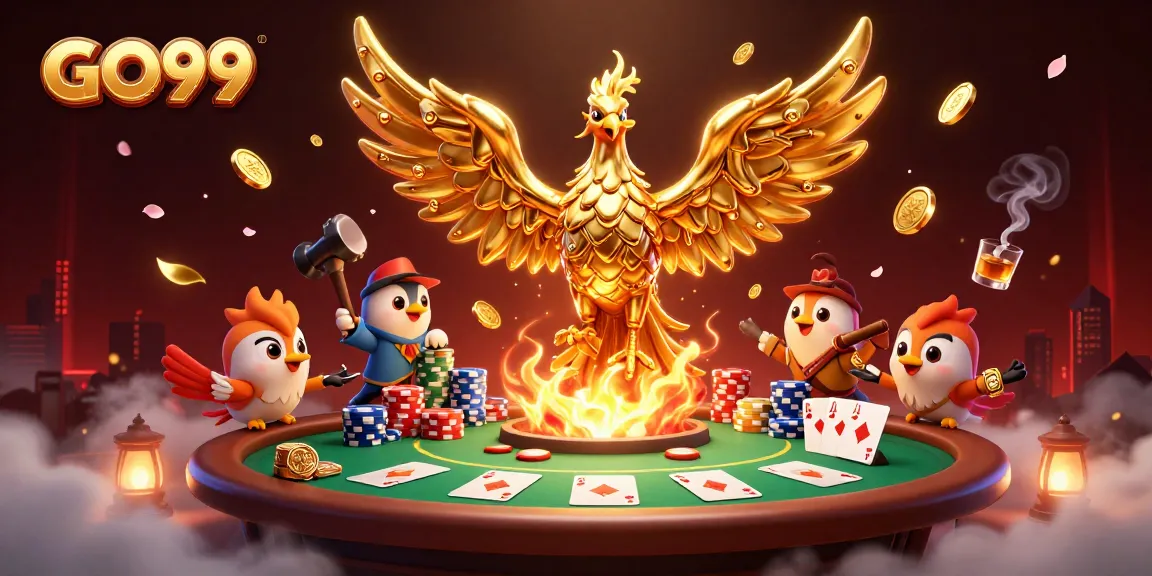 Experience GO99's thrilling poker atmosphere with molten golden phoenix and vibrant casino elements.