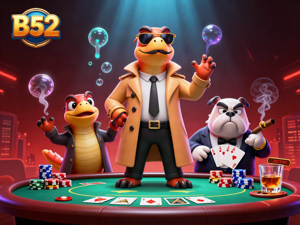 Experience B52's high-stakes poker excitement with three comedic raptors entering a VIP casino.