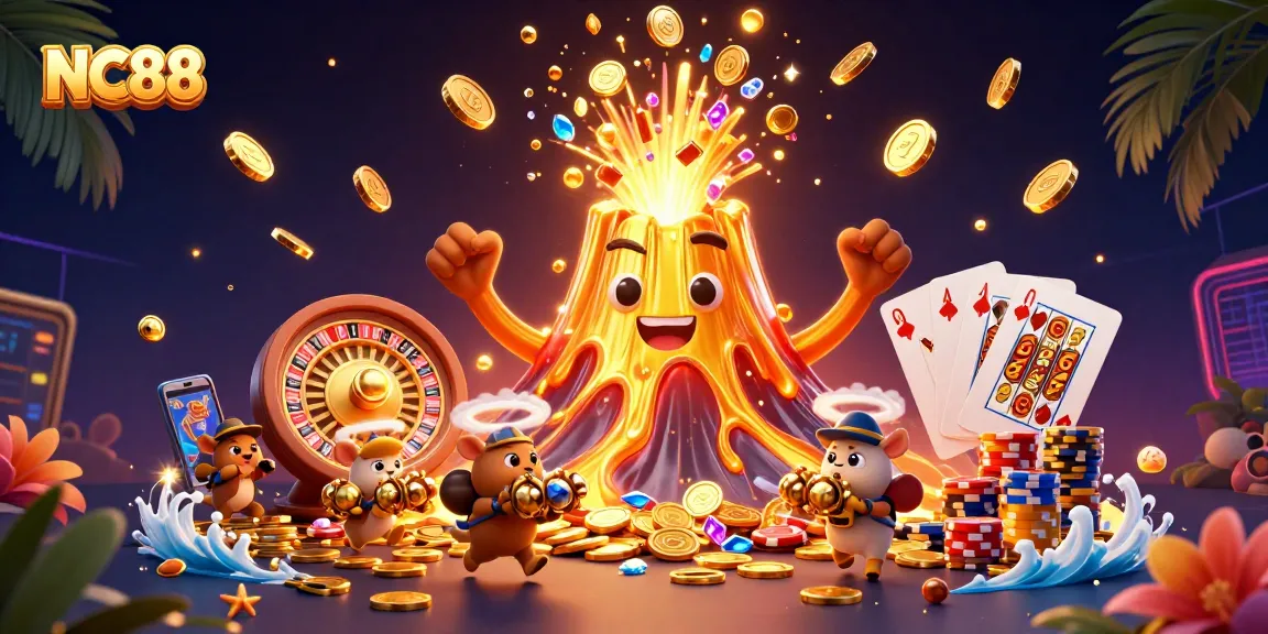 Experience the thrill of NC88 as a golden volcano erupts coins and gems, captivating gamblers in a colorful casino scene.