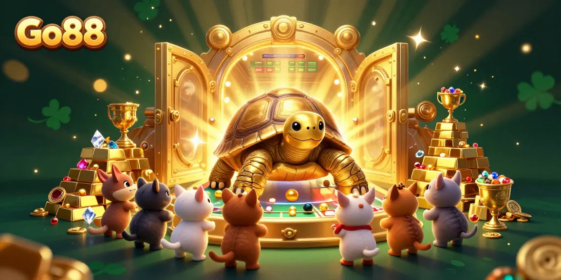 Experience the excitement at Go88 with a colossal golden tortoise pinball machine showcasing vibrant casino treasures.