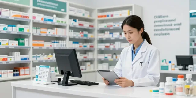 Pharmacist using technology for fast lookup of registered medicines in Farmaco uae.