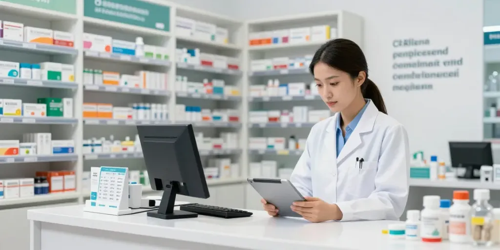 Pharmacist using technology for fast lookup of registered medicines in Farmaco uae.