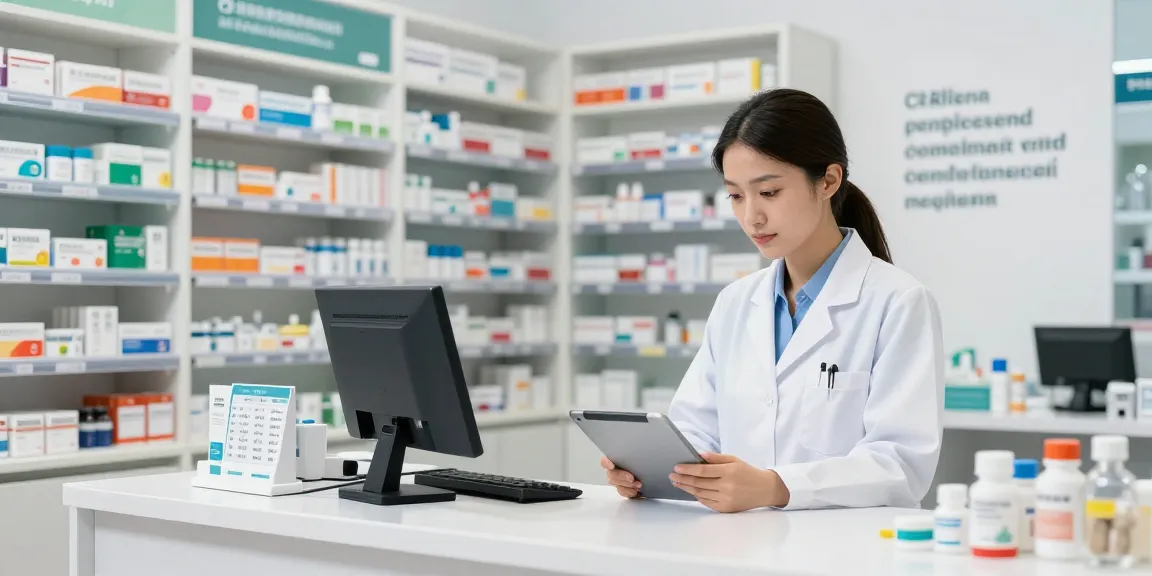 Pharmacist using technology for fast lookup of registered medicines in Farmaco uae.
