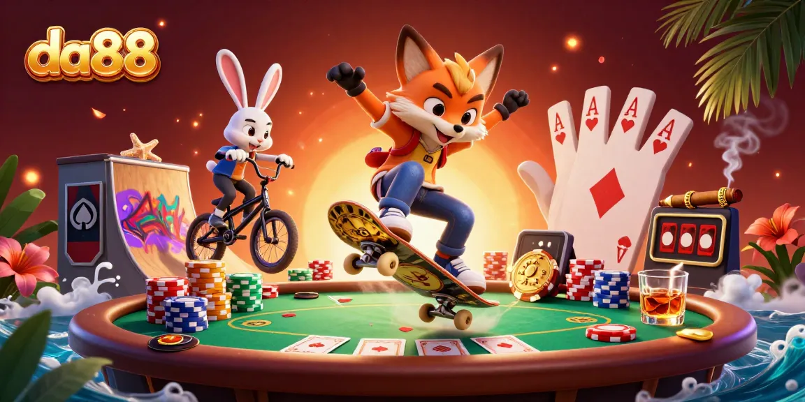 Experience thrilling gameplay at da88 with our dynamic 3D casino scene featuring vibrant characters, poker elements, and rich details.