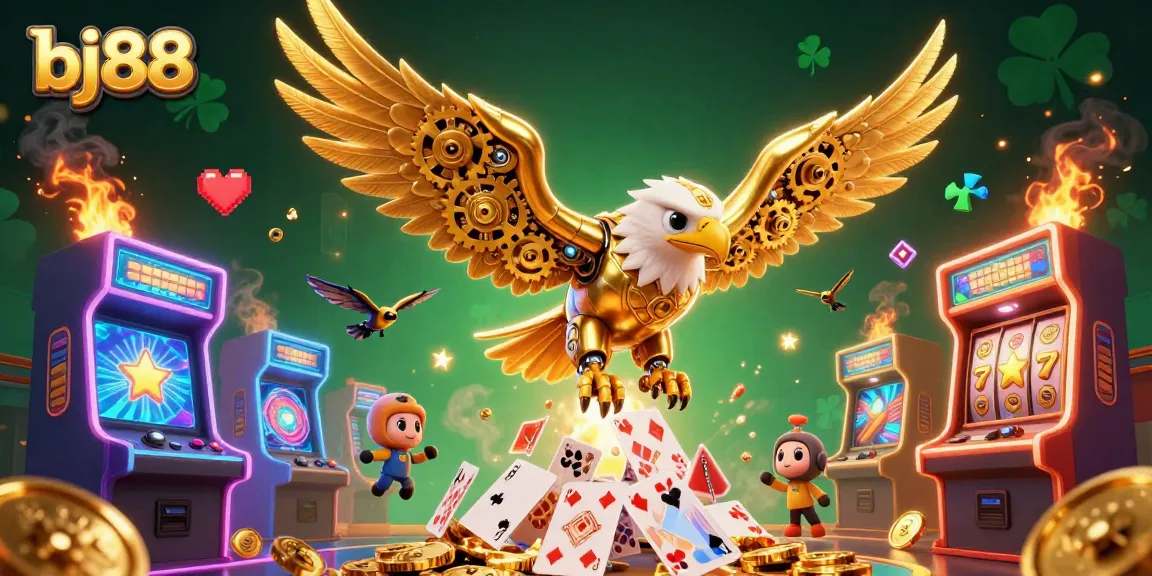 Experience thrilling gaming action at bj88, featuring an eagle diving through holographic cards amid dynamic casino elements.