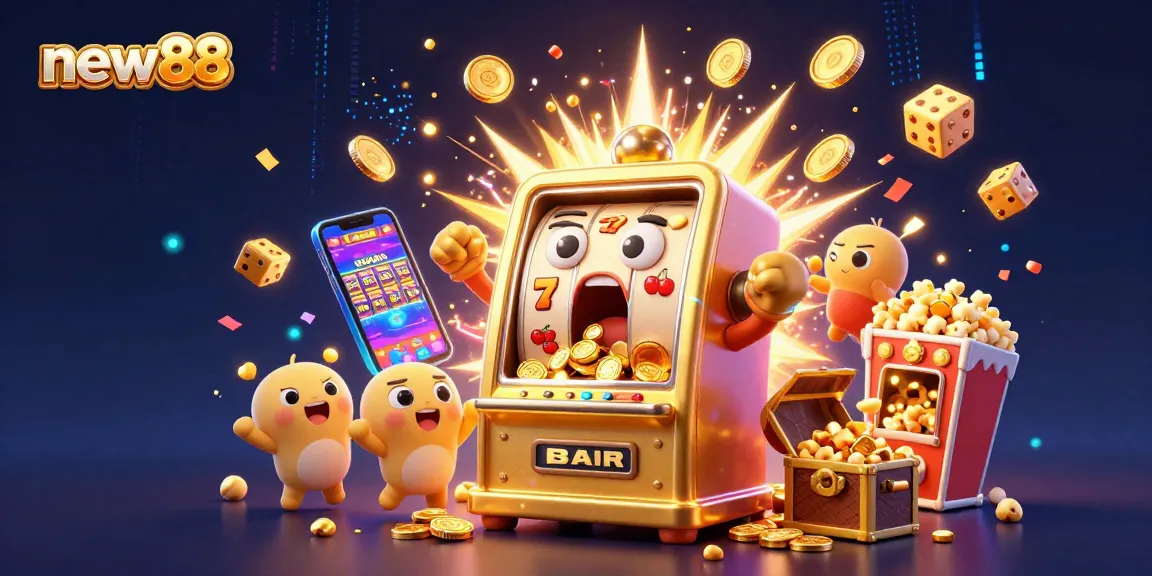 Experience the thrill of new88 with a jubilant jackpot celebration by a golden slot machine.