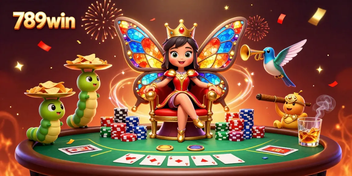 Engage with 789win's vibrant gaming scene featuring a butterfly queen and poker elements.