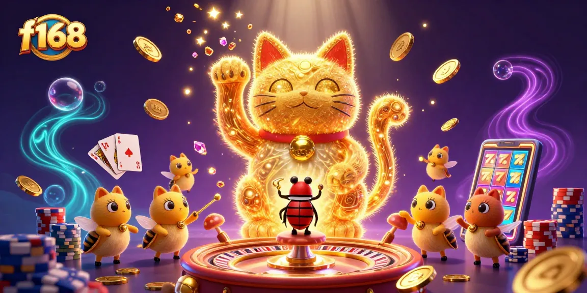 Play thrilling f168 games with golden coins, lucky cat, and vibrant casino effects.