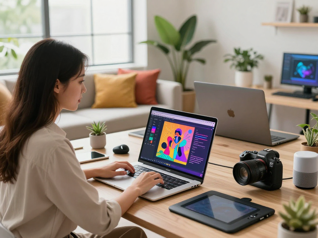 Dynamic workspace showcasing nsfw ai content creation with modern tech and vibrant atmosphere.
