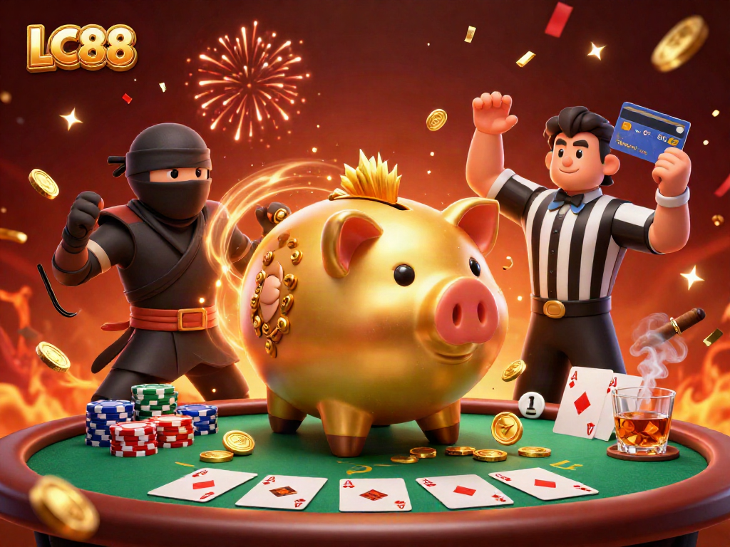 LC88's exciting poker scene with a sumo wrestler, ninja, and samurai, bursting with golden coins.