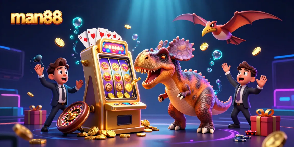 man88 casino scene with a dinosaur headbutting a slot machine, coins flying, fun and engaging