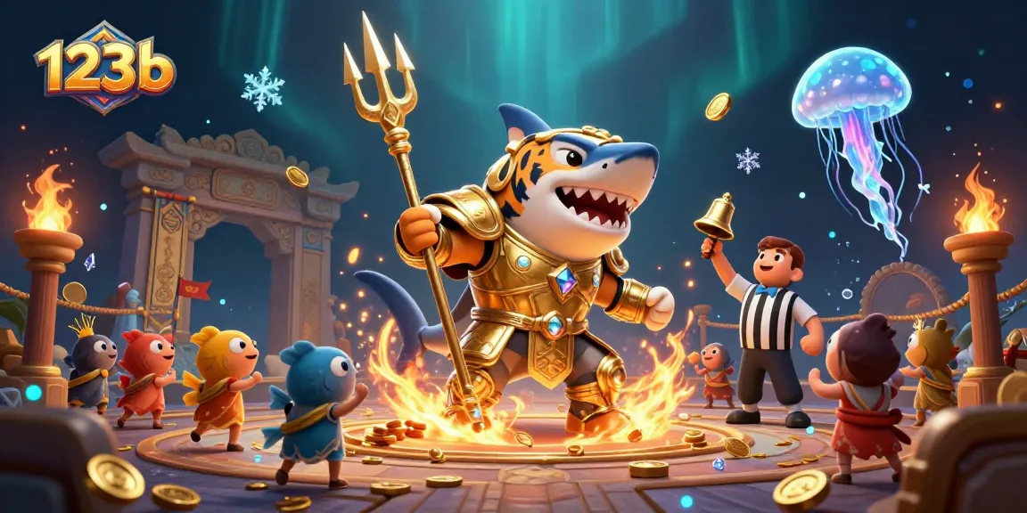 Engage with thrilling underwater battles at 123b, featuring a gladiator shark amidst an exciting casino atmosphere.